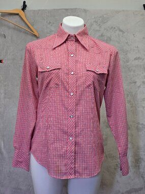 Vintage 70s Kmart Western Shirt Plaid Snap Cowgirl Dagger Collar Tag Sz 34